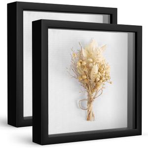 Califortree 2 Packs 8x8 Shadow Box Frame with Soft Linen Back - Metal Push Pins Included, Memory Box Display Cases for Memorabilia Flower Awards Medals Wedding Photos, Black