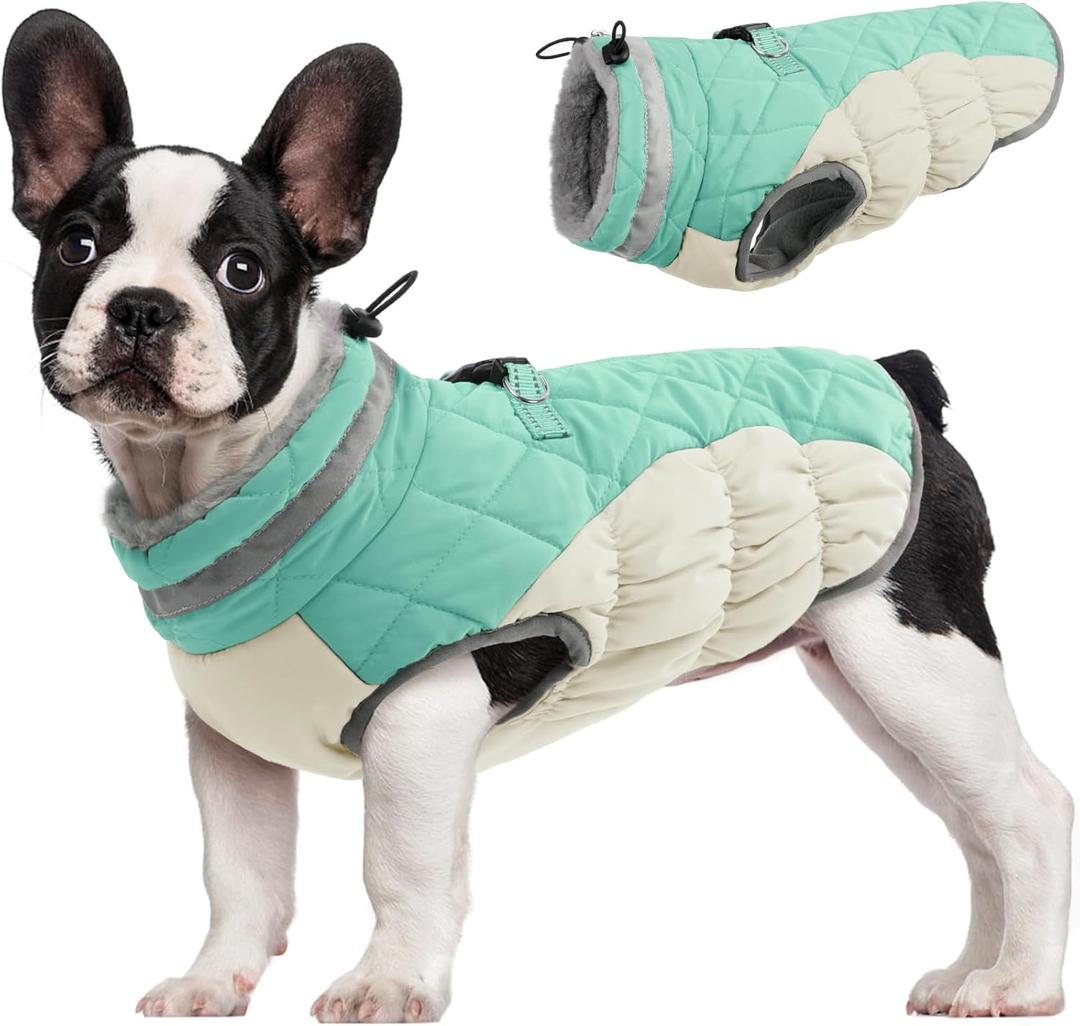 FUAMEY Dog Coat for Dogs,Waterproof Dog Winter Jacket with Harness Built in Puppy Cold Weather Coats Reflective Pet Vest with Zipper Warm Fleece Dogs Snowsuit Windproof Mint Green M (M(chest:21in))