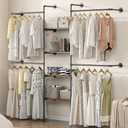 Industrial Pipe Clothing Rack, Heavy Duty Adjustable Garment Hanger with Shelves, 2 Installation Methods Closet Storage System for Wardrobe Organization, Black, 80" H x 86" W