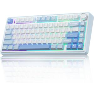 AULA F75 75% Wireless Mechanical Keyboard, Hot Swappable Creamy Keyboard, Pre-lubed Greywood Switches RGB Backlit Gaming Keyboards, 2.4GHz/Type-C/BT5.0(Salt White Blue)