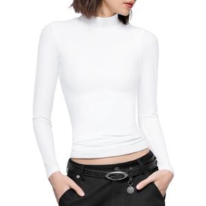 PUMIEY Women's Long Sleeve T Shirts Mock Turtleneck Slim Fit Tops Sexy Basic Tee Smoke Cloud Pro Collection (Medium, Splashed White)