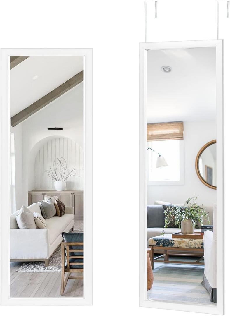 NeuType Over The Door Mirror Full Length Mirror Hanging Over Door or Leaning Against Wall or Mounted On Wall, Door Mirror Full Length Mirror Over The Door, 47"x16", White, No Stand