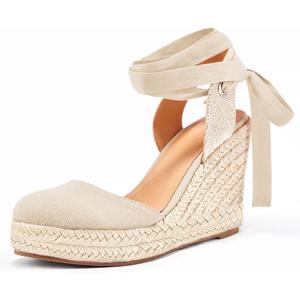Ermonn Womens Espadrilles Wedge Sandals Platform Closed Toe Ankle Strap Lace Up Summer Shoes, Nude US 9