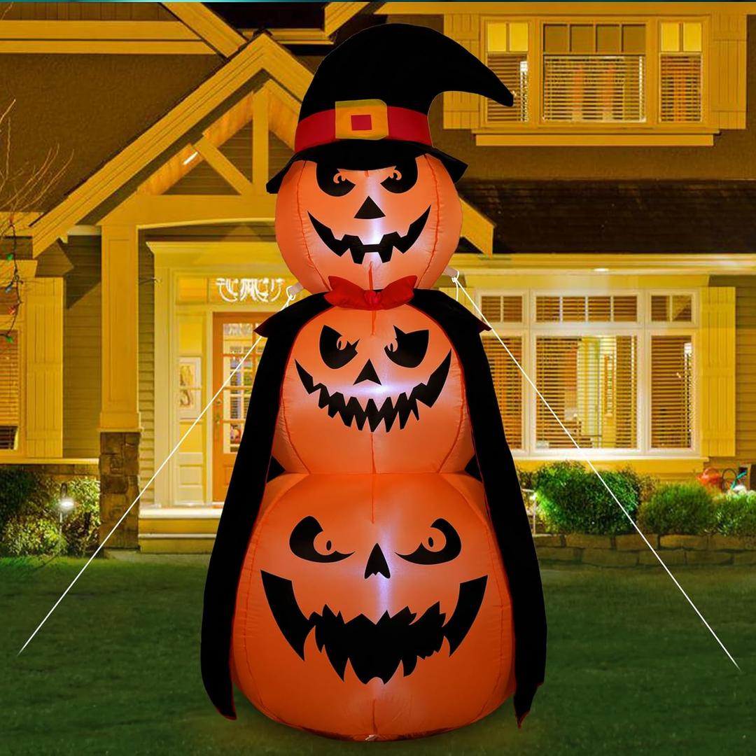 6FT Halloween Inflatables Stacked Pumpkins Decor with Witchs Hat Halloween Blow Up 3 Pumpkins Built-in Led Light Pumpkin Inflatables Outdoors Yard Lawn Indoor Holiday Party
