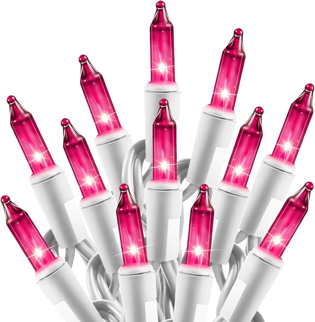 Christmas Pink Mini String Lights - 100 Count 25 Feet Detachable Incandescent Bulb Waterproof Fairy Lights Plug in for Indoor Outdoor Party Patio Xmas Tree Valentine's Day Decoration, White Wire