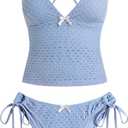 ZAFUL Women's Tankini Set V Neck Tummy Control Floral Printed Tie Side Thong Bikini Swimsuits 2 Piece Bathing Suits(A-Blue, XL)
