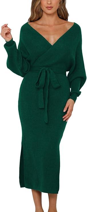 Viottiset Women's V Neck Long Batwing Sleeve Wrap Midi Knit Sweater Dress Elegant Backless with Belt Slit, Size XL