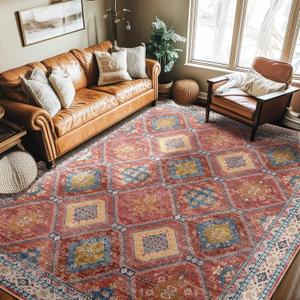 CAPALOCA 6x9 Area Rug Bohemian Rugs with Print Trellis Pattern Stain Resistant Washable Carpet for Living Room and Girls Bedroom Red/Orange/Blue