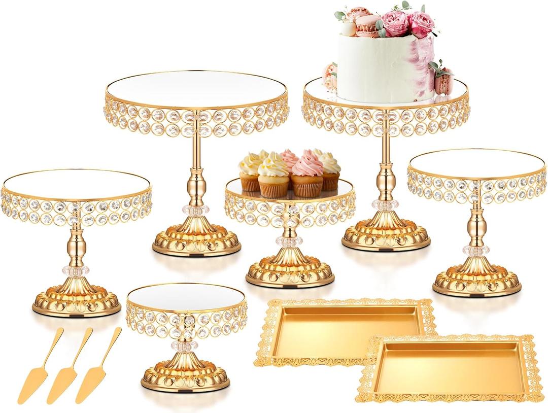 12 Pieces Gold Cake Stand Set, Vintage Cake Display Stand with Crystal Edge and Cupcake Display Tray, Dessert Table Display Set for Wedding Party Baby Shower Anniversary Celebration