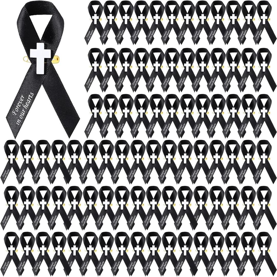Geosar 100 Pcs Cross Funeral Memorial Ribbons Pins Memorial Service Respect Ribbon Bow with Safety Pins and Cross for Mourning Remembrance Day Funeral(Black)
