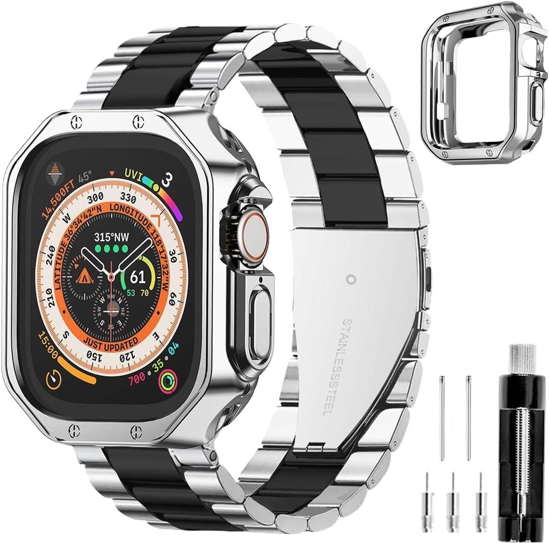 Compatible With Apple Watch Band and Case Iwatch Ultra Series 11 10 9 8 7 6 5 4 3 2 1 SE 42mm 46mm 49mm 45mm 44mm 41mm 40mm 38mm Men Women Classic Executive Classy Stainless Steel Metal Business (Black/Silver)