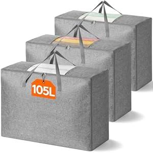 Lifewit 105L Comforter Storage Bag, 3 Pack Folable Storage Bins with Lids for Quilt, Duvet, Extra Large Bedding Storage Bags with Zippers and Handles, Clothes Organizers and Storage with Clear Window