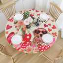 Valentines Day Cute Dog Round Tablecloth Fitted Best for 40"-44" Pink Floral Table Cloth Elastic Edge Water-Resistant Washable Love Heart Decoration Table Cover for Party Picnic Indoor Decor