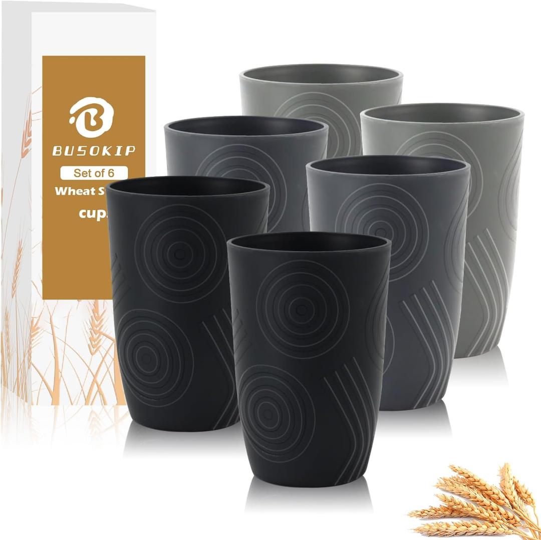 Wheat Straw Cups 6 PCS - 16 OZ Drinking Glasses, Unbreakable Drinking Cup, Water Tumbler for Kitchen, Alternative to Plastic Cups Reusable Dishwasher Safe (Black, Grey)
