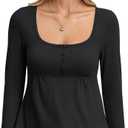 EasyGala Womens Babydoll Long Sleeve Peplum Tops Sexy Y2k Square Neck Henley Shirts Cute Going Out Top Winter 2026 (Black, L)