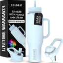 Coldest Tumbler with Handle and Straw - 100% Leak Proof Insulated Tumbler with Lid and Straw (3 Lids) - Stainless Steel Tumblers for Women & Men - Cup Holder Friendly Base, 46 oz (Morning Mist)