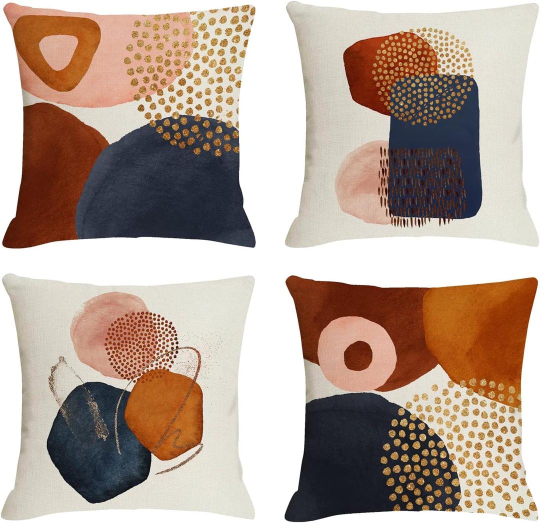 Burnt Orange Abstract Throw Pillow Covers 18x18 Set of 4 Mid Century Modern Geometric Minimalist Decorative Pillow Covers for Couch Home Decor (Navy Blue)