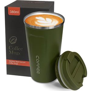 YINBAOGE Insulated Travel Coffee Mug, Spill & Leak Proof, Portable To Go Camping Stainless Steel Coffee Tumbler, Reusable Thermal Coffee Cup with Lid for Hot & Cold Drinks (2nd-Green, 12 OZ)