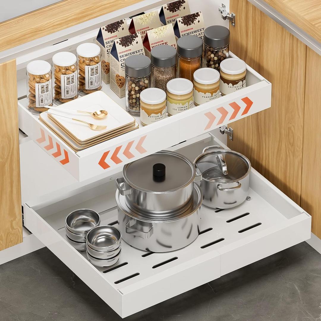 2 Pack Expandable Pull Out Cabinet Organizer 21" Deep, Adjustable Width 12.2"-20.4" Slide Out Drawers & Roll Out Shelves for Kitchen Cabinets, Easy Install with Double-Sided Adhesive, White