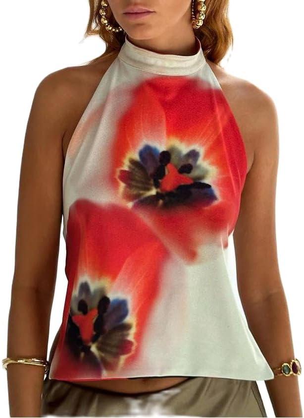 Women Y2k Halter Neck Tank Top Floral Print Backless Cami Top Sleeveless Tie Up Crop Top Summer Streetwear (S)