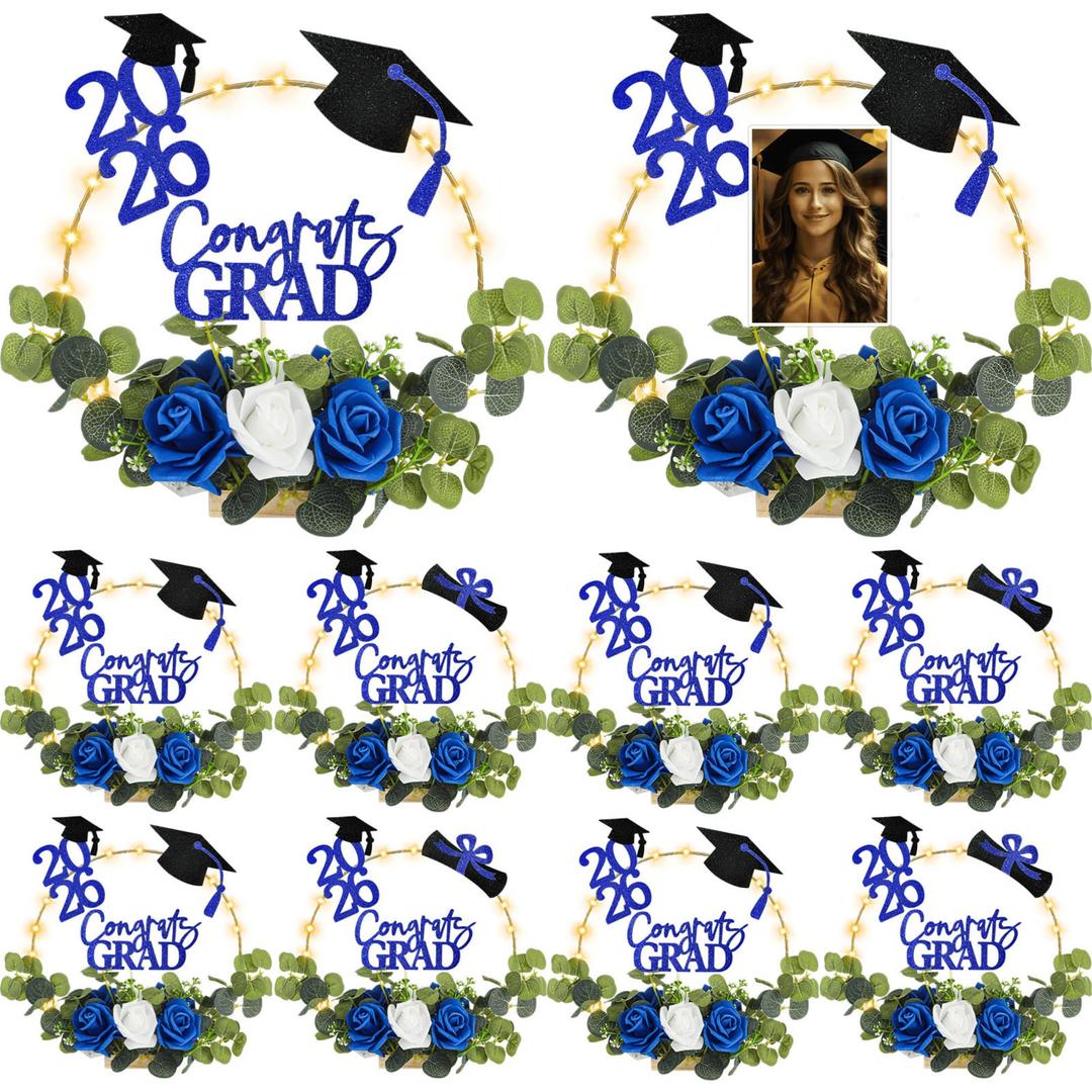 Yunsailing 8 Set 2026 Graduation Centerpiece Class of 2026 Table Photo Display Stand Decor with 8 Hoop Centerpiece 16 Toppers 48 Artificial Flowers and Leaves for Grad DIY Craft Party(White and Blue)
