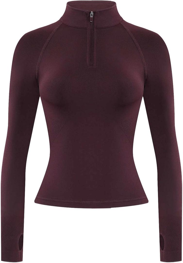AUROLA Influence Workout Jacket for Women, Half Zip Cropped Slim Fit Long Sleeve Yoga Jackets Athletic Top with Thumb Holes (Large, Black Cherry)