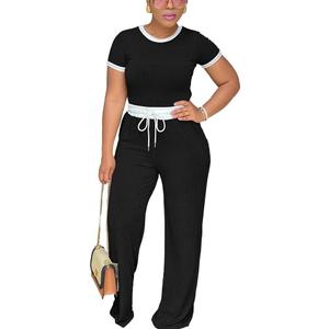 HTD Womens 2 Piece Outfits Casual Sweatsuits Set Short Sleeve Matching Sets Tracksuit (X-Large, Black)