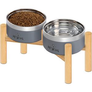 UPSKY Elevated Dog Bowls  27oz Stainless Steel Anti-Spill Set with Wooden Stand, Double Raised Bowls for Small/Medium Dogs to Reduce Neck Strain & Improve Digestion (Grey)