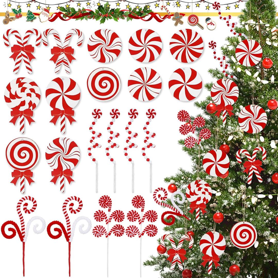 Christmas Candy Ornaments Red and White Candy Cane Tree Ornaments Hanging Peppermint Lollipop Curly Pick Decorations for Xmas Tree Topper Filler Holidays Party Indoor Outdoor Decor