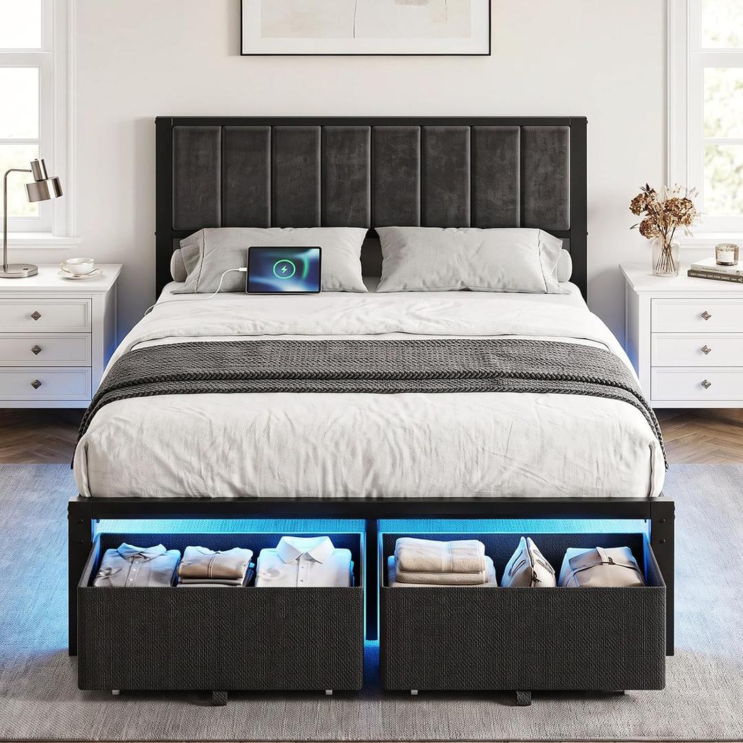 OLEVS Full Size Bed Frame with 2 Drawers, Charging Station & LED Lights