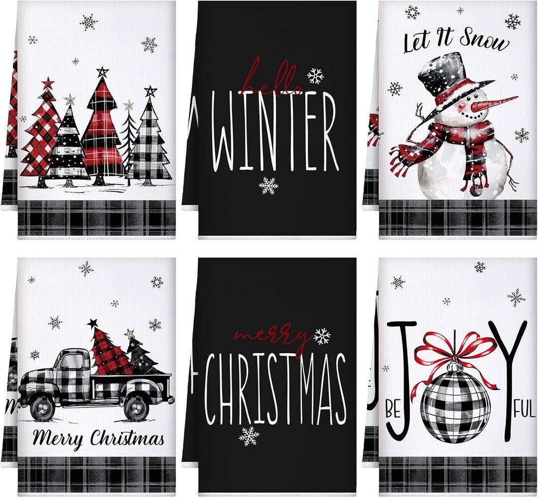 Bencailor 6 Pcs Christmas Kitchen Towels Absorbent Soft Microfiber Farmhouse Dish Towels Sets 16x24inch Winter Christmas Hand Dishcloths for Housewarming Gift(Black and White,Snowman)