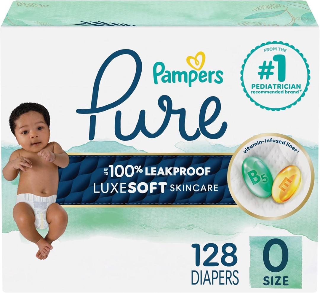 Pampers Pure Protection Baby Diapers, Size 0 (10 lbs ), 128 Count, Up to 100% Leakproof, Premium Plantbased Skin Protection, Hypoallergenic Soft Diapers