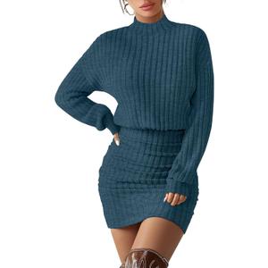 Women's Pullover Sweater Dress Long Lantern Sleeve Ribbed Knit Mock Neck Ruched Bodycon Casual Mini Dress 2025 (Peacock Blue)