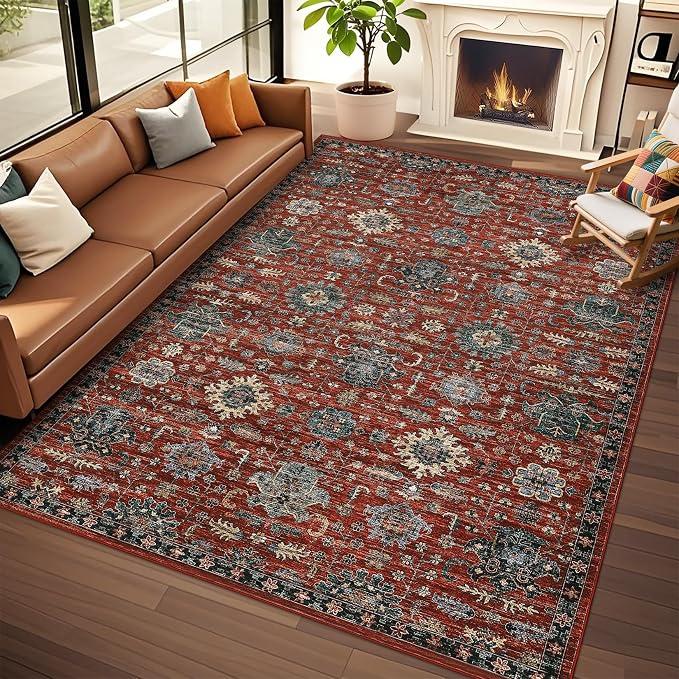 Living Room Rug 6x9, Soft Vintage Washable Area Rug Boho Low Pile Non-Slip Large Rug Farmhouse Indoor Floor Carpet for Living Room Bedroom Dining Room, Red