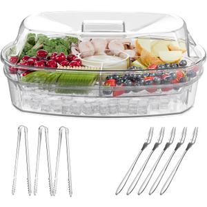 Chilled Veggie Tray with Lid, Shrimp Cocktail Serving Dishes for Entertaining, Ice Serving Platters and Trays Cold Travel Cookout Tailgate Essentials, Appetizer Fruit Snack Tray for Party Clear