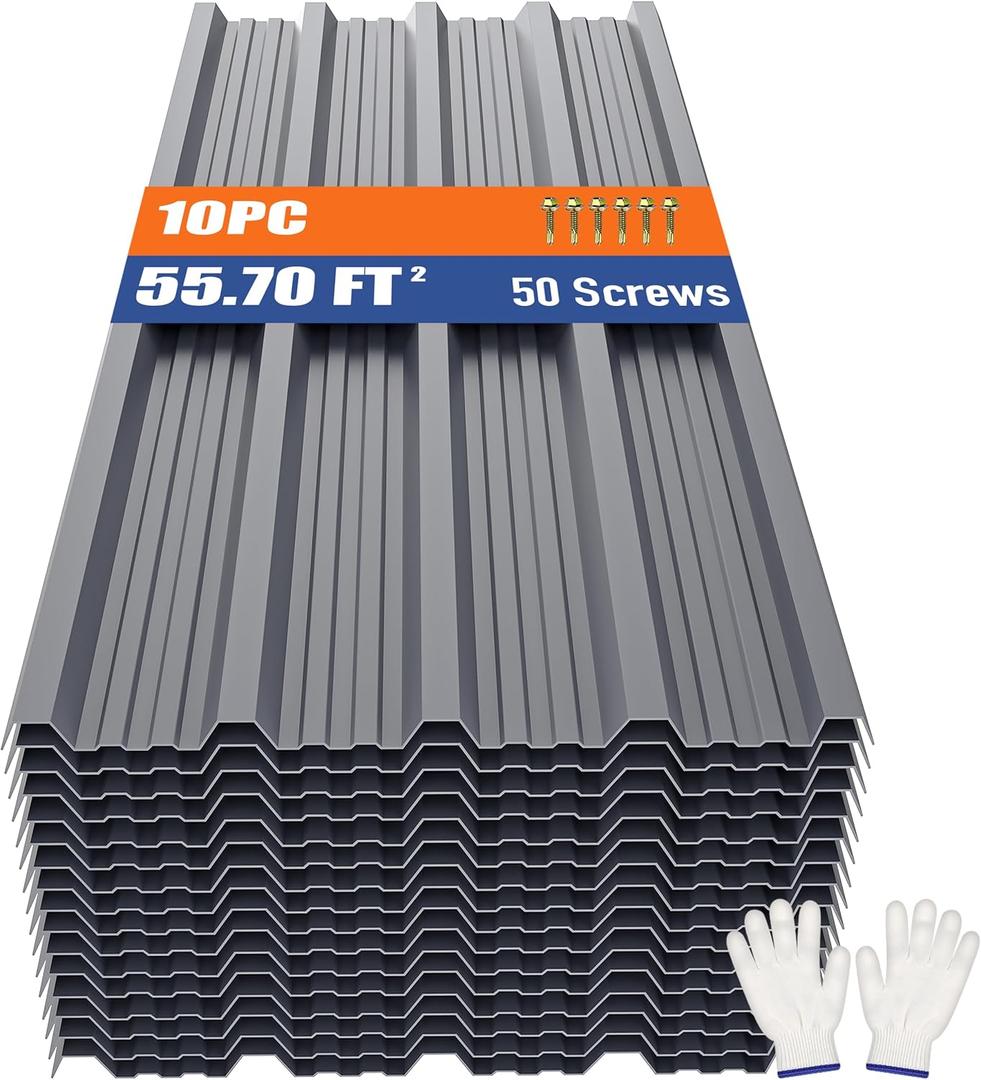 Brakki Metal Roofing Panels 10pcs 55.7 ft², Grey Corrugated Roof Panels | L45.28"xW17.72", Galvanized Steel, with Screw, Heavy Duty Metal Siding, Suitable for Garages Chicken Coop Shed Stables Patio