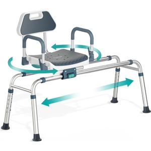 Sliding Shower Chair Tub Transfer Bench with Swivel Seat, Shower Bench for Elderly and Disabled, with Security Belt, 360 Rotation, Slides and Rotates, Adjustable,one Touch Slide Button, Dark Blue