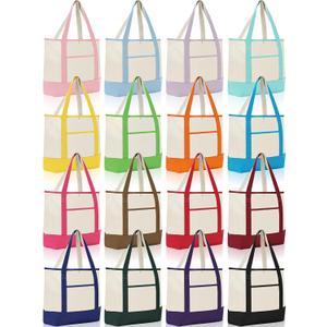 Sanwuta 16 Pack Polyester Canvas Tote Bags Bulk with Outer Pocket Extra Large Reusable Grocery Shopping Travel Blank Tote Bag for Women Mother, 17.7 x 4.7 x 13.8 Inches