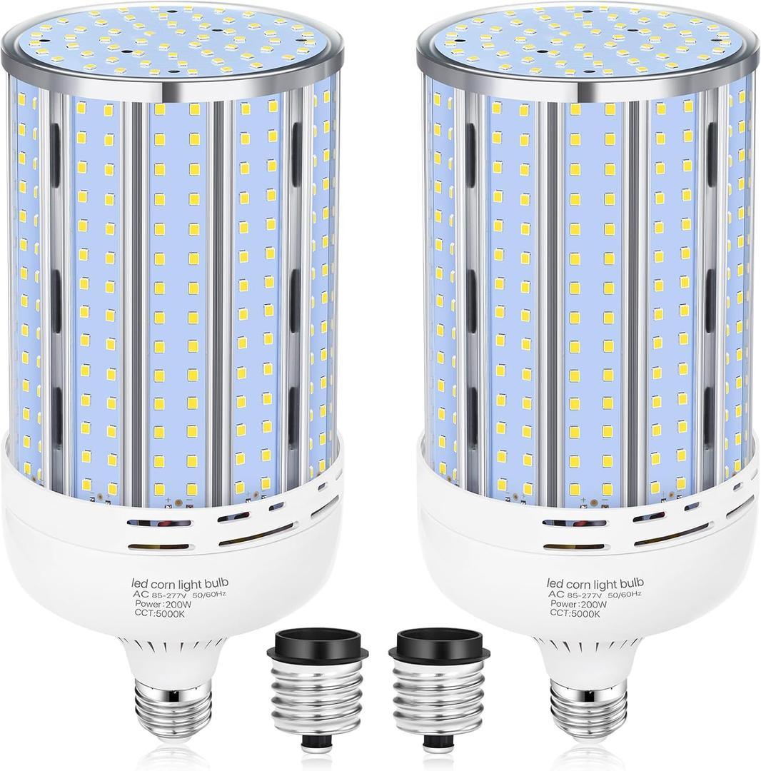 XYCN 2 Pack 200W Corn LED Light Bulb Fanless,29,500LM 5000K Daylight(2000 Watt Equivalent) E26/E39 Large Mogul Base LED Cob Lamp for Outdoor Indoor Garage Warehouse Factory Workshop Street Backyard