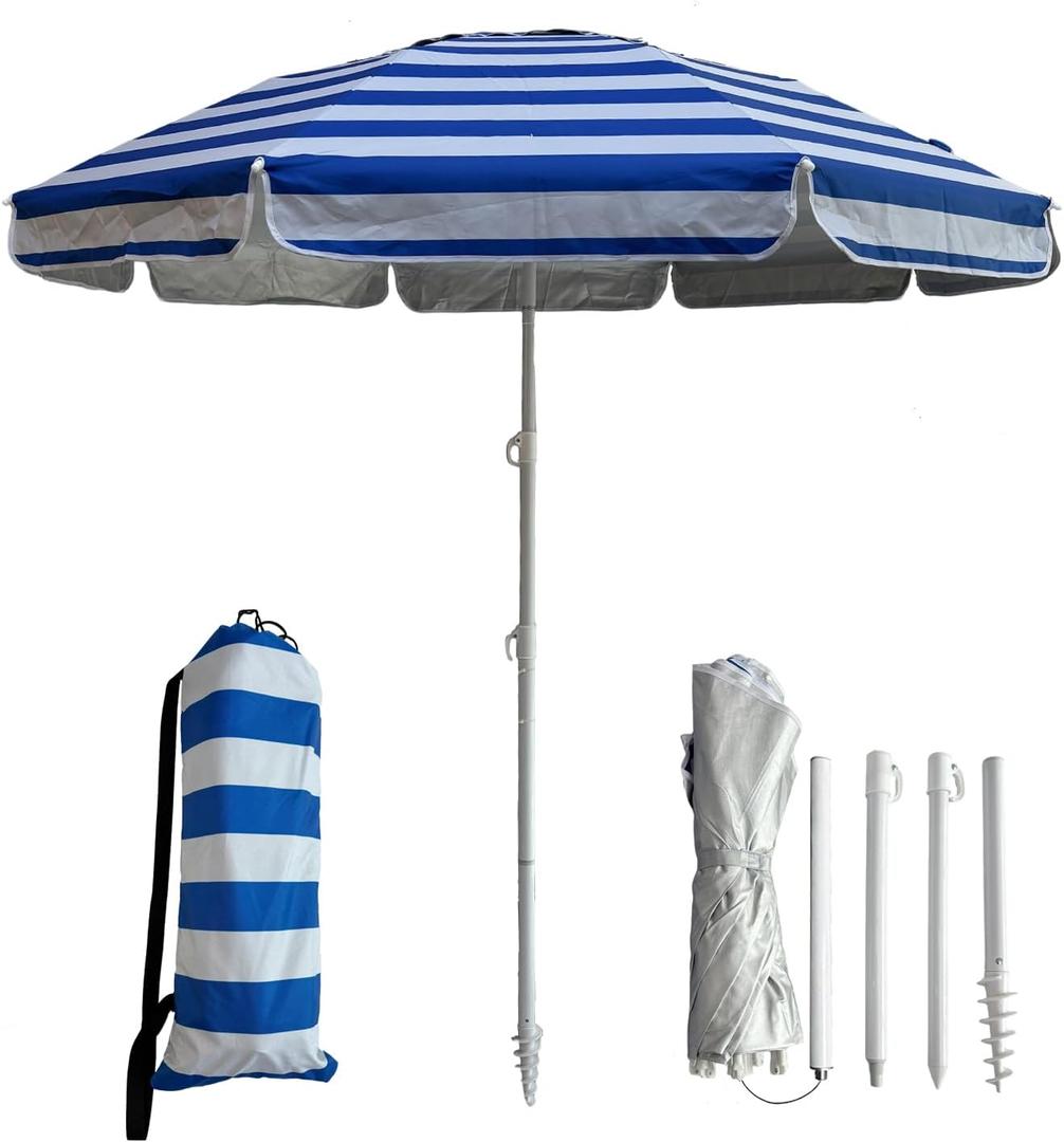 LOTTAFUN 6ft Beach Umbrella - Heavy Duty Wind Resistant UV 50+ Portable Sun Shade with Sand Anchor & Carry Bag, Outdoor Folding Umbrella for Beach, Pool, Patio, Garden (Blue strip) No Tilt, 72 Inches