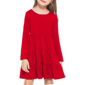 Arshiner Girl Long Sleeve Dress Tiered Ruffle Swing Tunic Shirt Dress (Red)