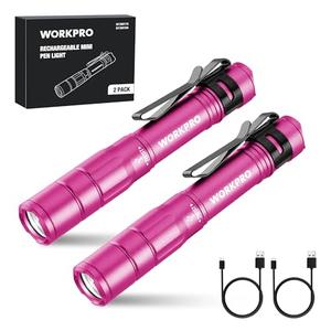 WORKPRO Rechargeable Pen Light, Mini Flashlight, 2 Pack Ultra-Compact EDC Flashlight, Pocket Flashlight with Clip, Memory Function and 2 x USB C Cable Included, Pink 