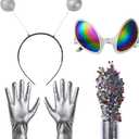 Spooktacular Creations Halloween Alien Accessory Set, Alien Costume With Antenna Headband, Sunglasses, Silver Gloves, Glitter Powder for Halloween Adult Cosplay Pretend and Play Party