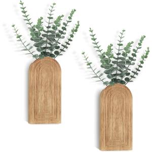 Dahey Wood Wall Planter Vase with Artificial Eucalyptus, 2 Pack Hanging Planter for Indoor Fake Plants Modern Boho Farmhouse Wall Art Decor for Bathroom Bedroom Kitchen Office Home Decoration, Natural (Nurtal)