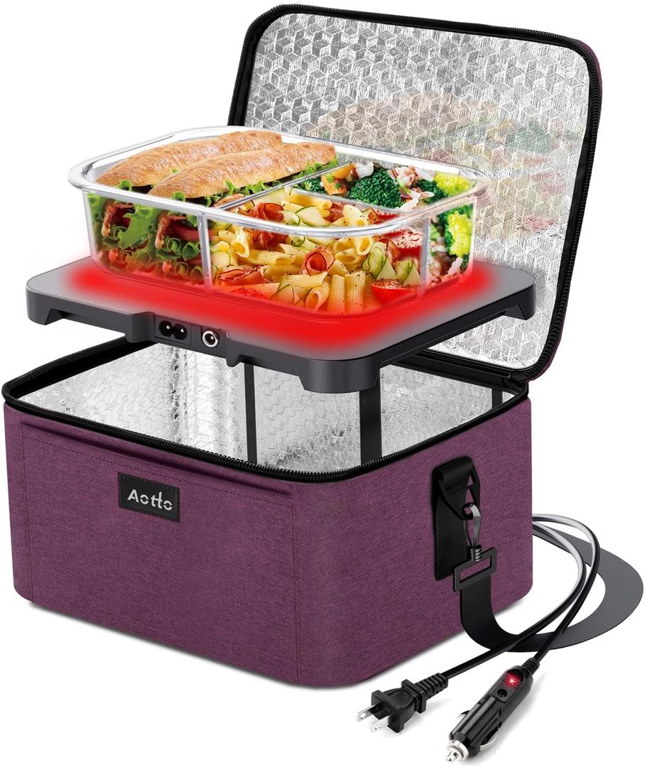 Aotto Portable Oven, Electric Lunch Box Food Heater - 12V/24V/110V 3-in-1 Car Food Warmer - Heated Lunch Box for Adults - Cook, Reheat & Keep Meals Warm for Vehicle, Travel, Work, Home - Deep Purple