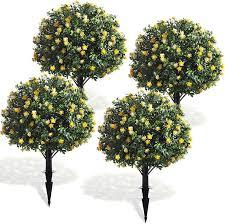Yunlly 4 Pcs Artificial Flowers Fake Boxwood Topiary Ball Tree 27 Inch Outdoor Faux Bush Balls, Realistic UV Resistance Fake Shrub Plant with Spike for Garden Porch Patio Indoor Decor (Yellow)