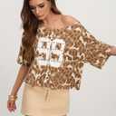 CSDAJIO Women's Leopard Short Sleeve One Off The Shoulder Oversized Crop Top Graphic Cropped Tee Loose T Shirt 99 Leopard Brown Medium (Brown, M)