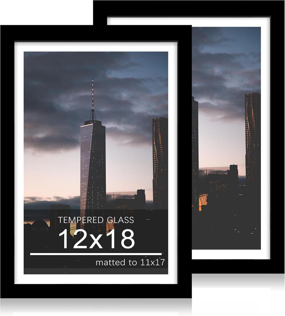 12x18 Picture Frame Set of 2, 12 x 18 Wood Poster Frames with Mat for 11x17, Wooden Photo Frames with Tempered Glass Cover for Wall Display,Black, 12x18-2pack