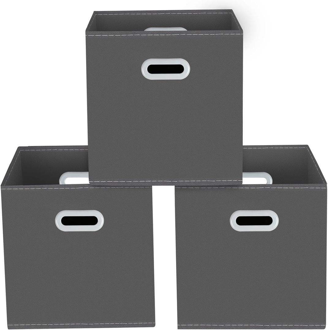 Yunkeeeper storage bins Cubes, Fabric Cube Organizer with Handle, Foldable Cube Bins for Cloth or Accessary Storage, 11x11x11, Set of 3, (Gray)