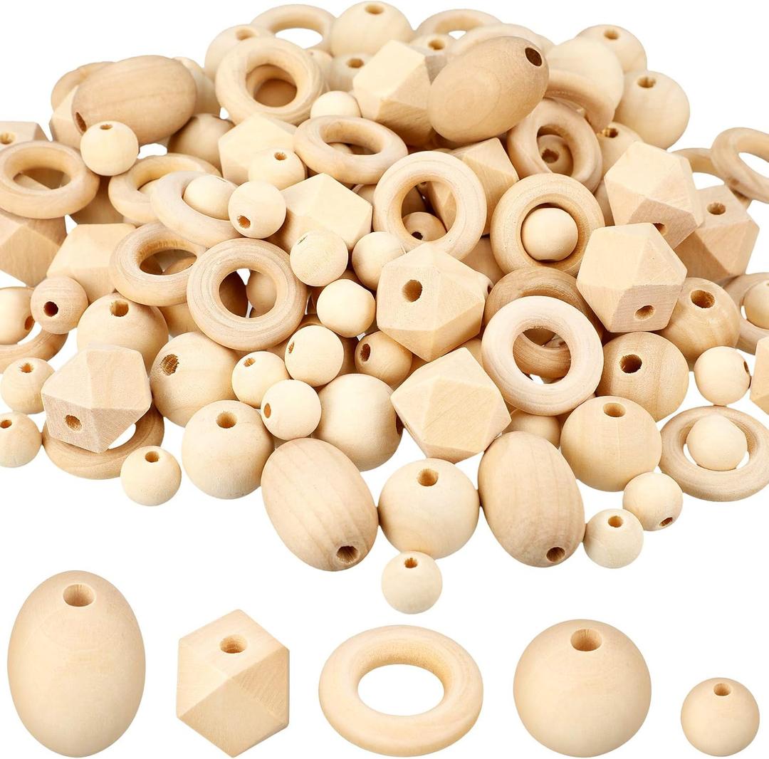 200 Pcs Natural Wood Beads Bulk 4 Styles Round Wood Hexagon Polygon Wooden Bird Spacer Unfinished Geometric Beads for DIY Crafts Garland Jewelry (20 mm, 12 mm, 25 mm, 20 mm, 18 mm)
